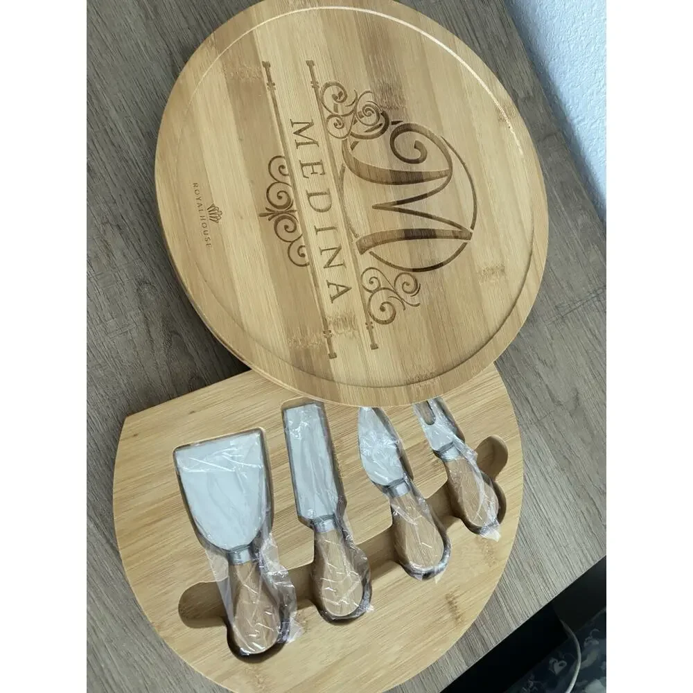 Royal House Bamboo & Stainless Steel Cheese Knife Set, 4pcs Engraved Board